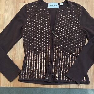 Victor Costa Brown Sequin-Studded Zip Front sweater